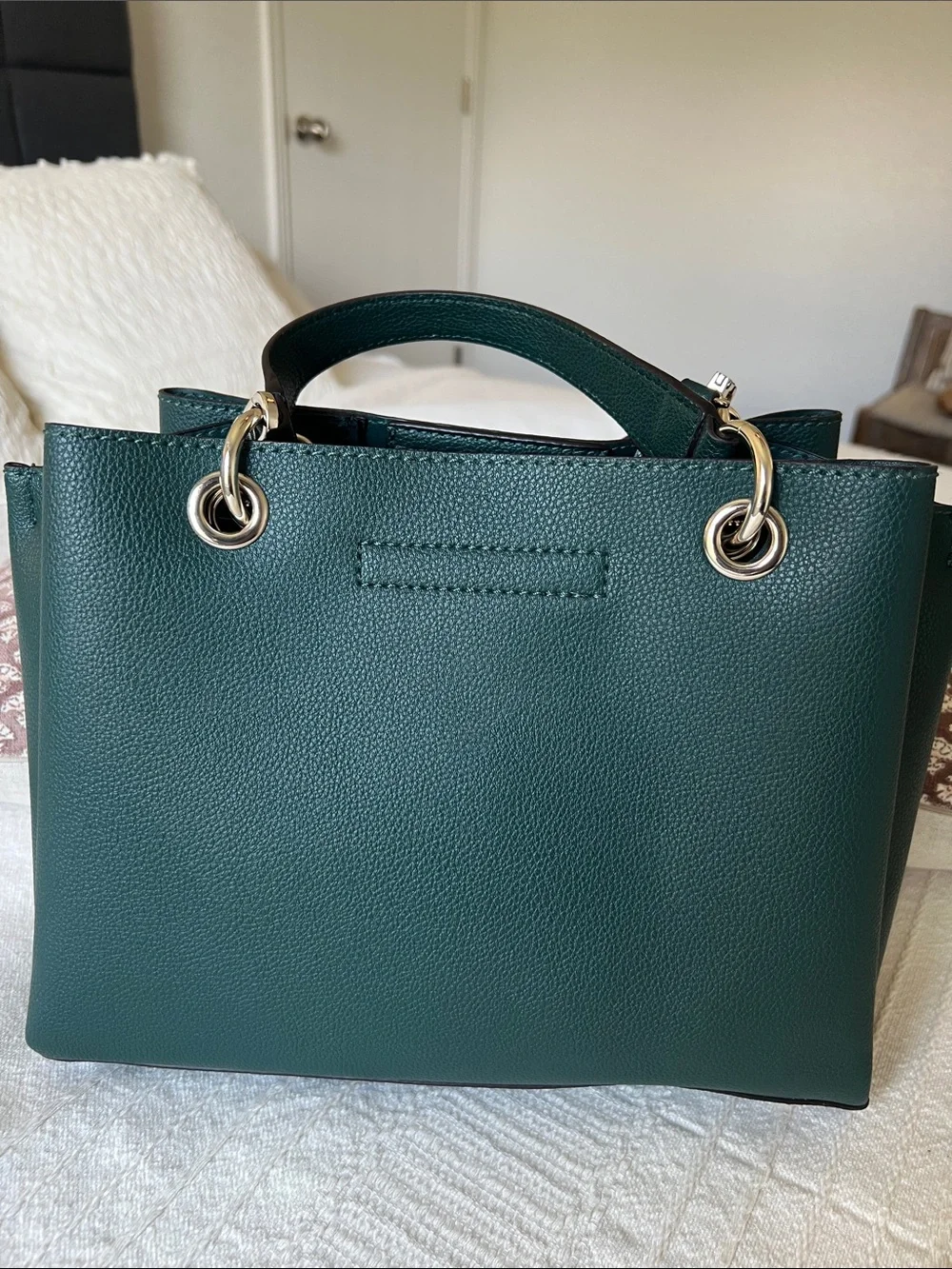 GUESS Emerald Green Faux Pebbled Leather Satchel with Silver Hardware